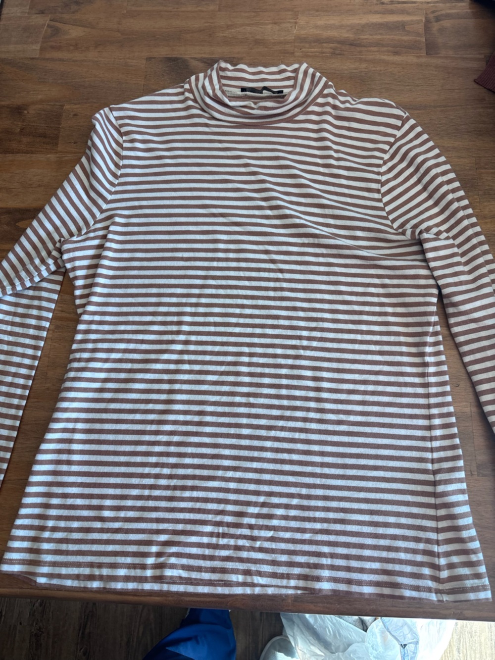Striped Long Sleeve Turtleneck Tee in Brown & White